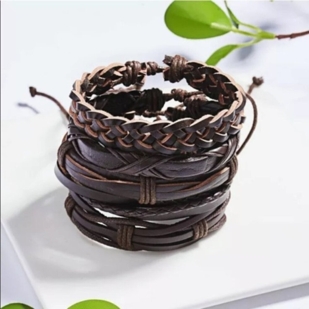 Bundle to Save Money! Men’s Black Genuine Leather Braided Bracelet Set